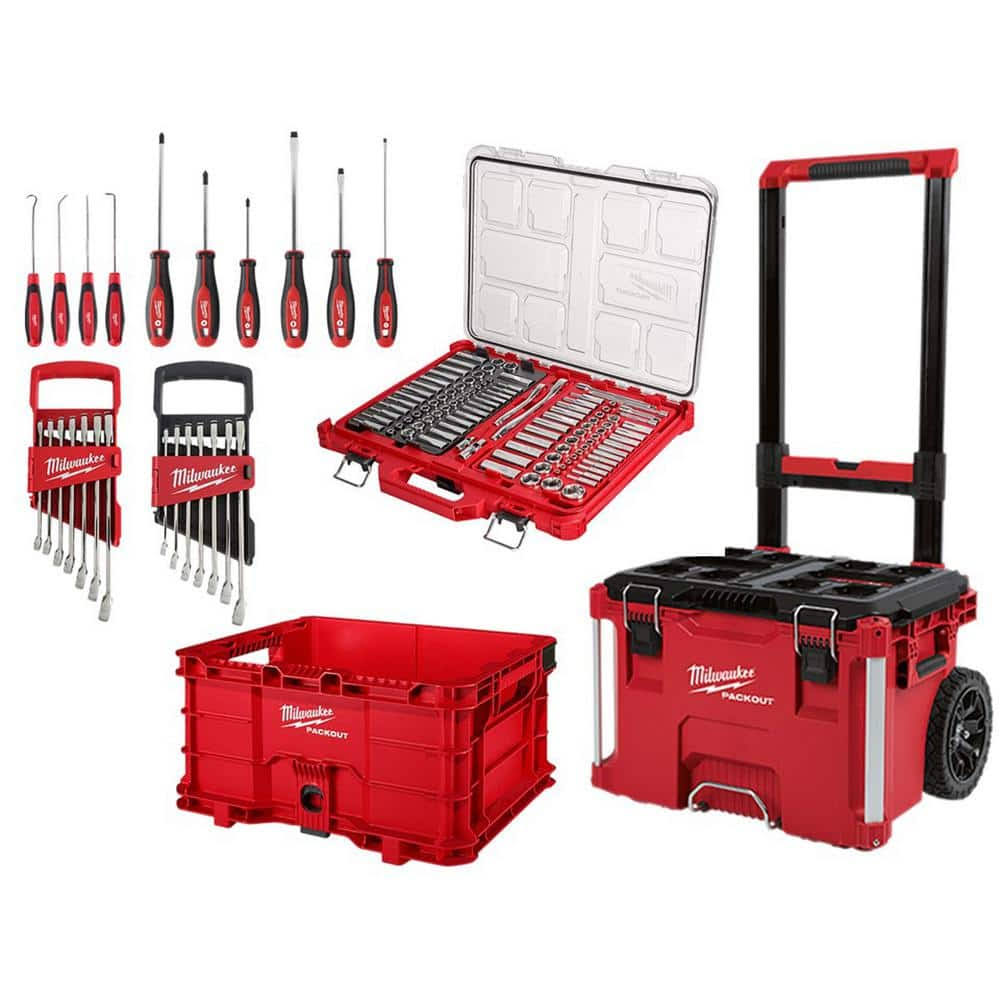 48-22-9486-48-22-9407-48-22-9507 3/8 in. and 1/4 in. Drive SAE/Metric Ratchet and Socket Mechanics Tool Set (130-Piece) with PACKOUT Set (3-Piece)