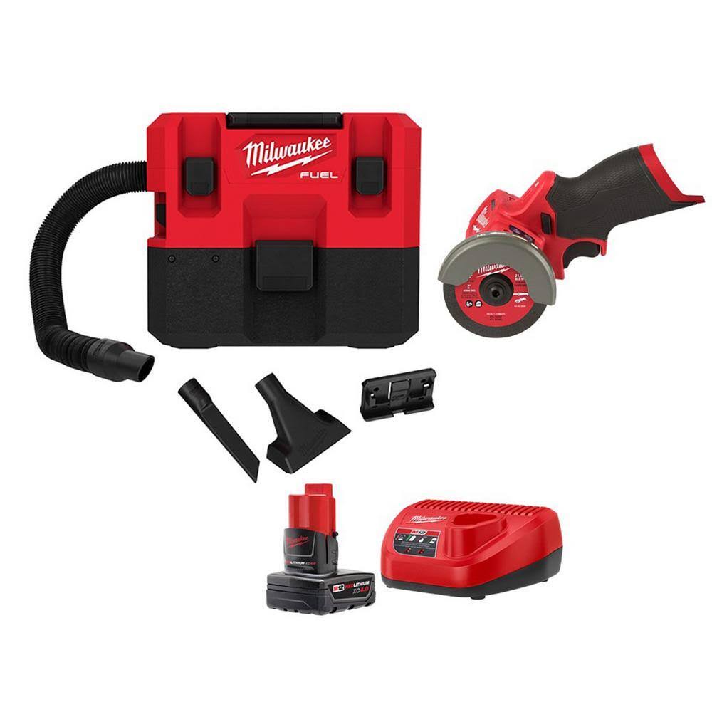 0960-20-48-59-2440-2522-20 M12 FUEL 12-Volt Lithium-Ion Cordless 1.6 Gal. Wet/Dry Vacuum and Cut Off Saw Kit with 4.0 Ah Battery and Charger