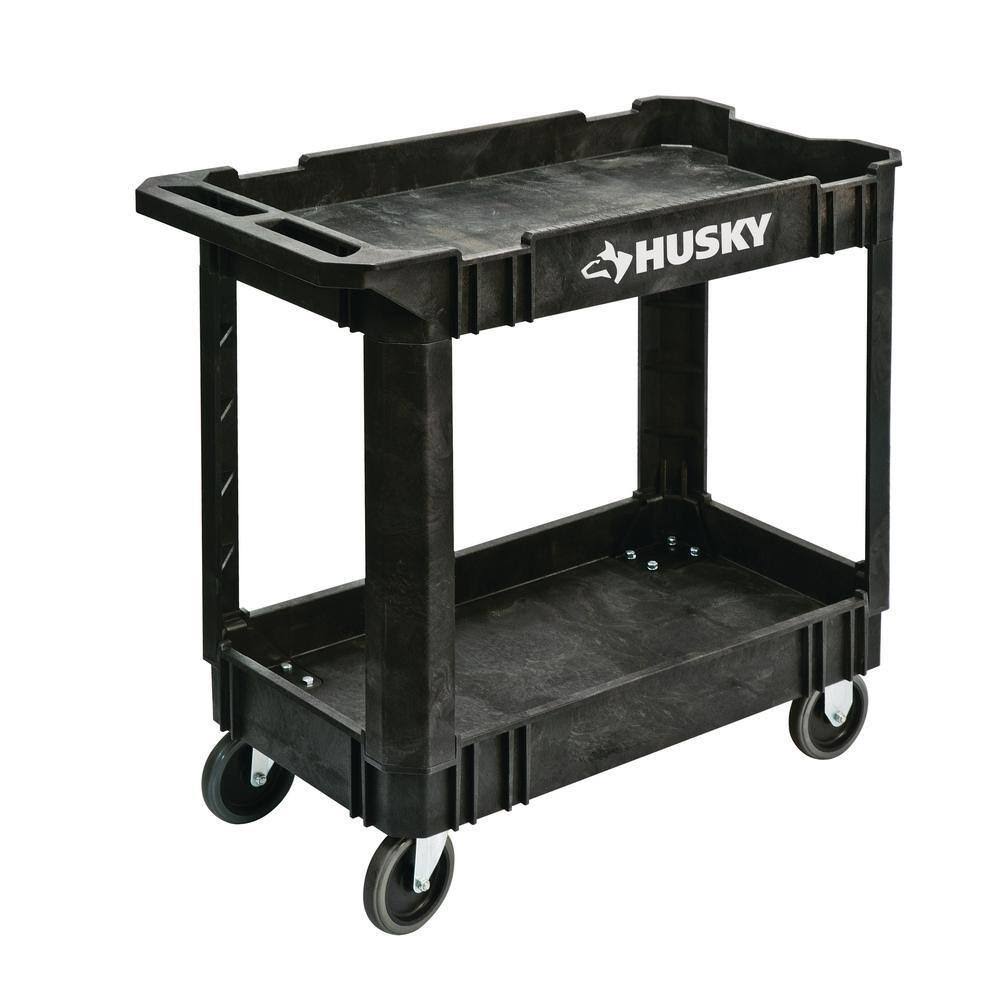410-113-0111 2-Tier Plastic 4-Wheeled Service Cart in Black with 500 lb. Capacity