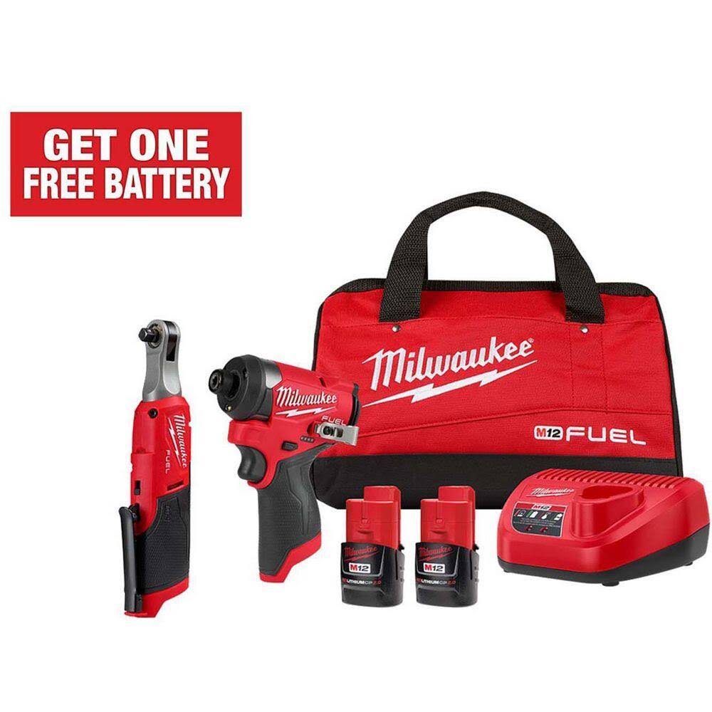 3453-22HSR M12 FUEL 12V Lithium-Ion Cordless 3/8 in. Ratchet and 1/4 in. Impact Driver Kit (2-Tool) w/Batteries, Charger   Bag