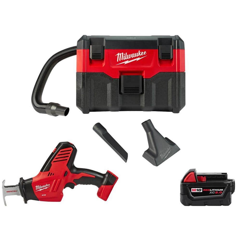 0880-20-2625-20-48-11-1850 M18 18-Volt 2 Gal. Lithium-Ion Cordless Wet/Dry Vacuum with HACKZALL Reciprocating Saw and 5.0 Ah Battery