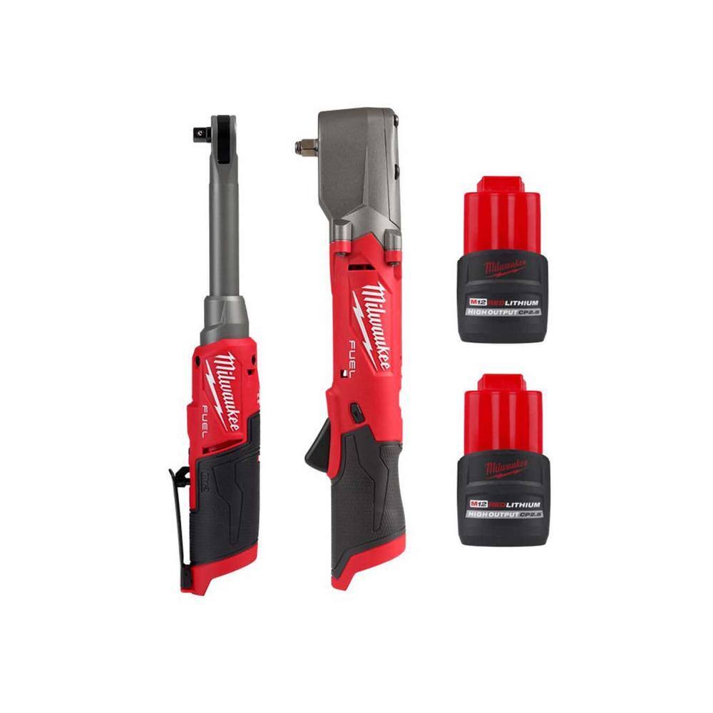2569-20-2564-20-48-11-2425-48-11-2425 M12 FUEL 3/8 in. Extended Reach High Speed Cordless Ratchet w/3/8 in. Right Angle Impact Wrench   (2) 2.5 Ah Batteries