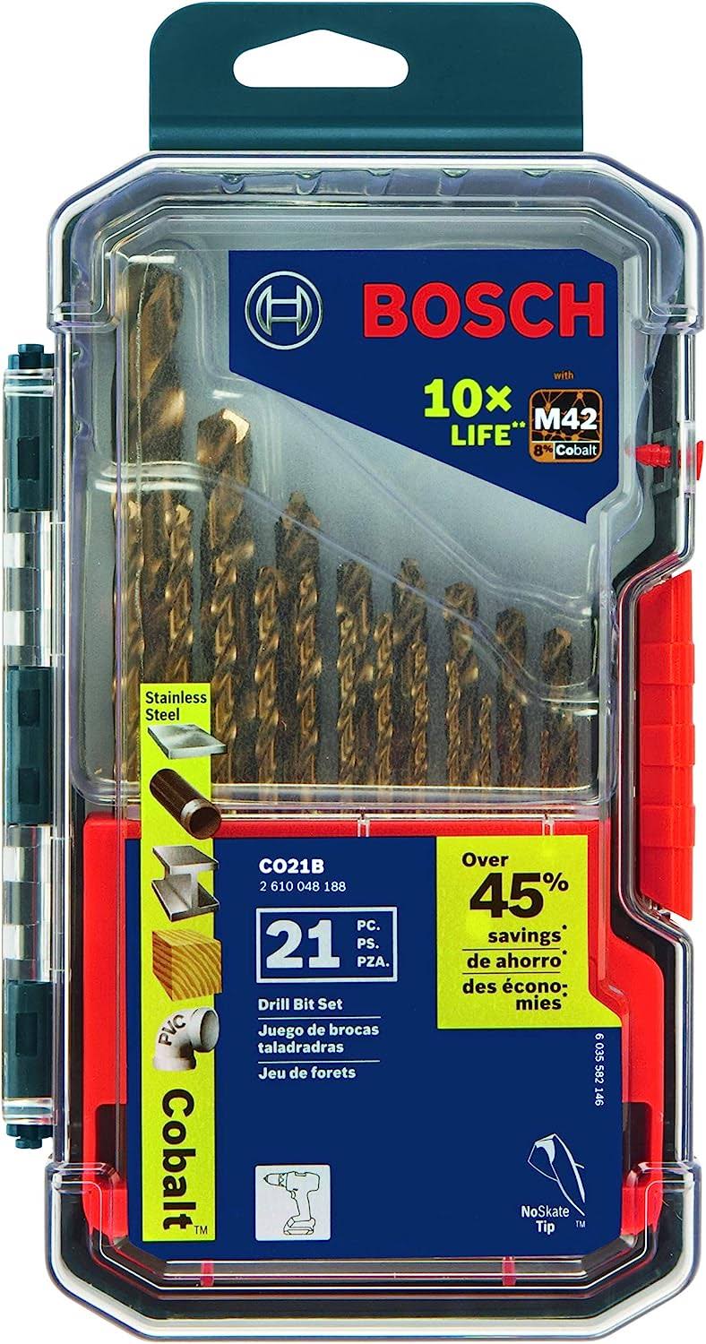 CO21B 21-Piece Assorted Set with Included Case Cobalt M42 Metal Drill Bit with Three-Flat Shank for Drilling Applications in Stainless Steel, Cast Iron, Titanium, Light-Gauge Metal, Aluminum