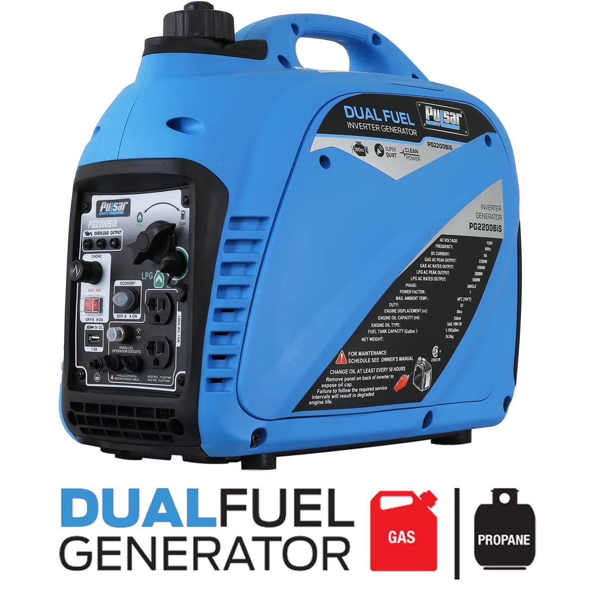 Pulsar 2,200 Watt Dual-Fuel Portable Inverter Generator   CARB Compliant