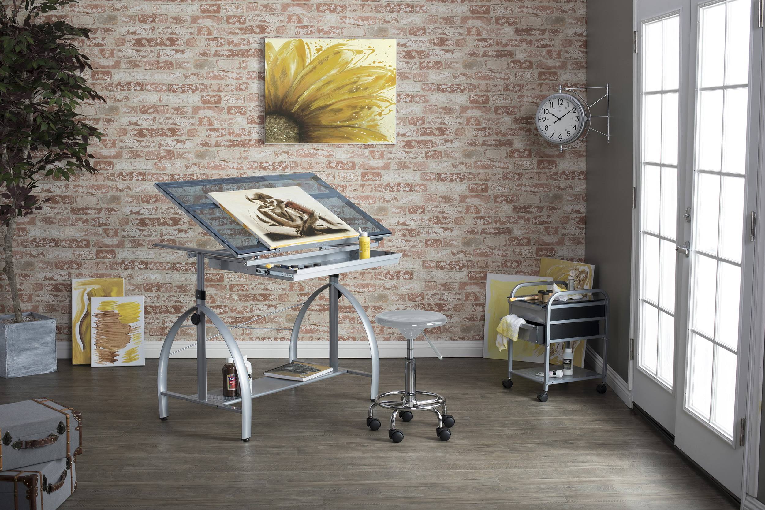 Avanta Silver Metal Drafting Table with Glass Top