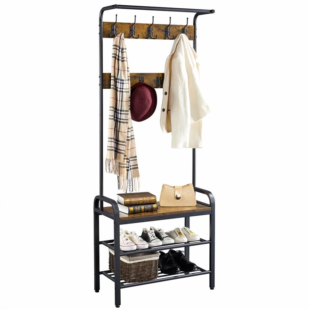 72  Industrial Entryway Hall Tree with Bench and Storage, Rustic Brown