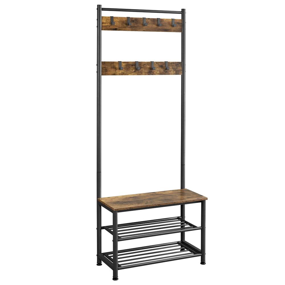 73  Metal Hall Tree with Shoe Storage Bench, Rustic Brown