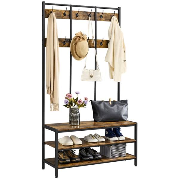 Industrial Hall Tree with 2 Storage Shelves, Rustic Brown