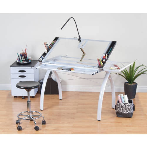 Futura Metal Drafting Drawing Craft Table with Glass Angle Adjustable Top with Folding Shelf