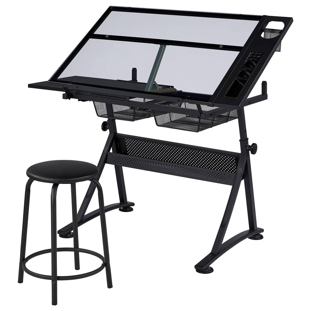 Adjustable Glass Top Drafting Table with Stool, Black