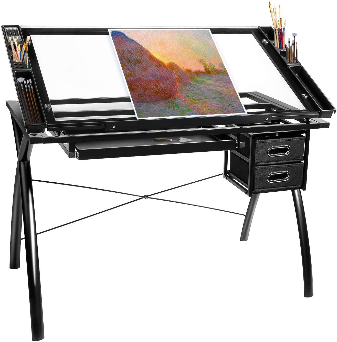 Increkid Adjustable Drafting Table Glass Tabletop Art Drawing Craft Desk