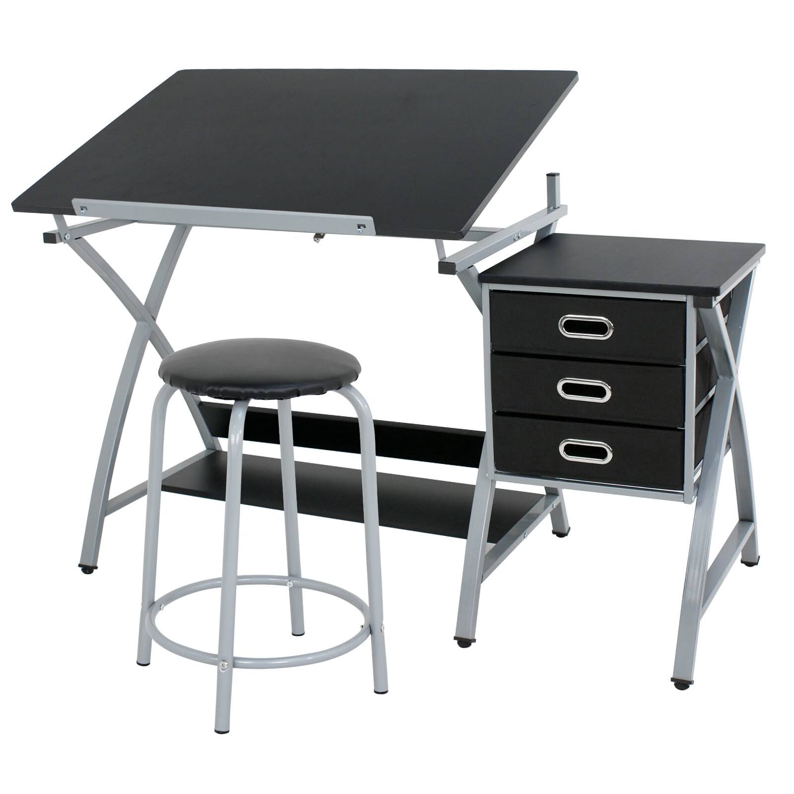 HomGarden Wood Drafting Desk Adjustable Drawing Table Tiltable W/ Stool   3 Drawers, Black