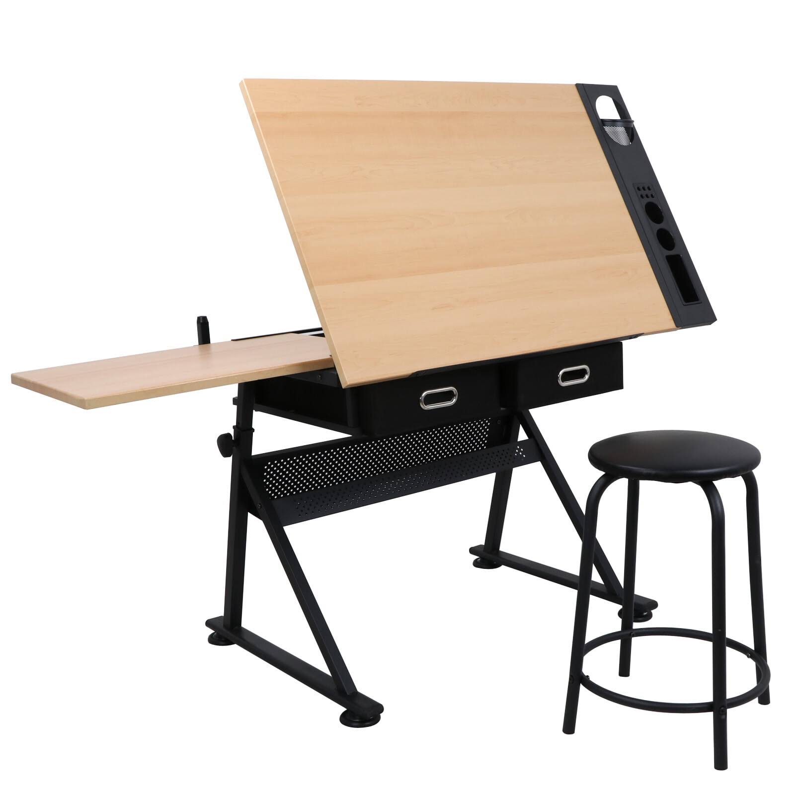 HomGarden Wood Drafting Desk Drawing Table Art Craft Station Tiltable W/ Stool   Drawer