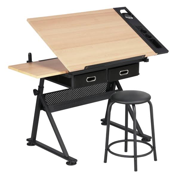 Adjustable Height Drawing Table Drafting Desk with P2 Tiltable Tabletop, Stool and 2 Drawers