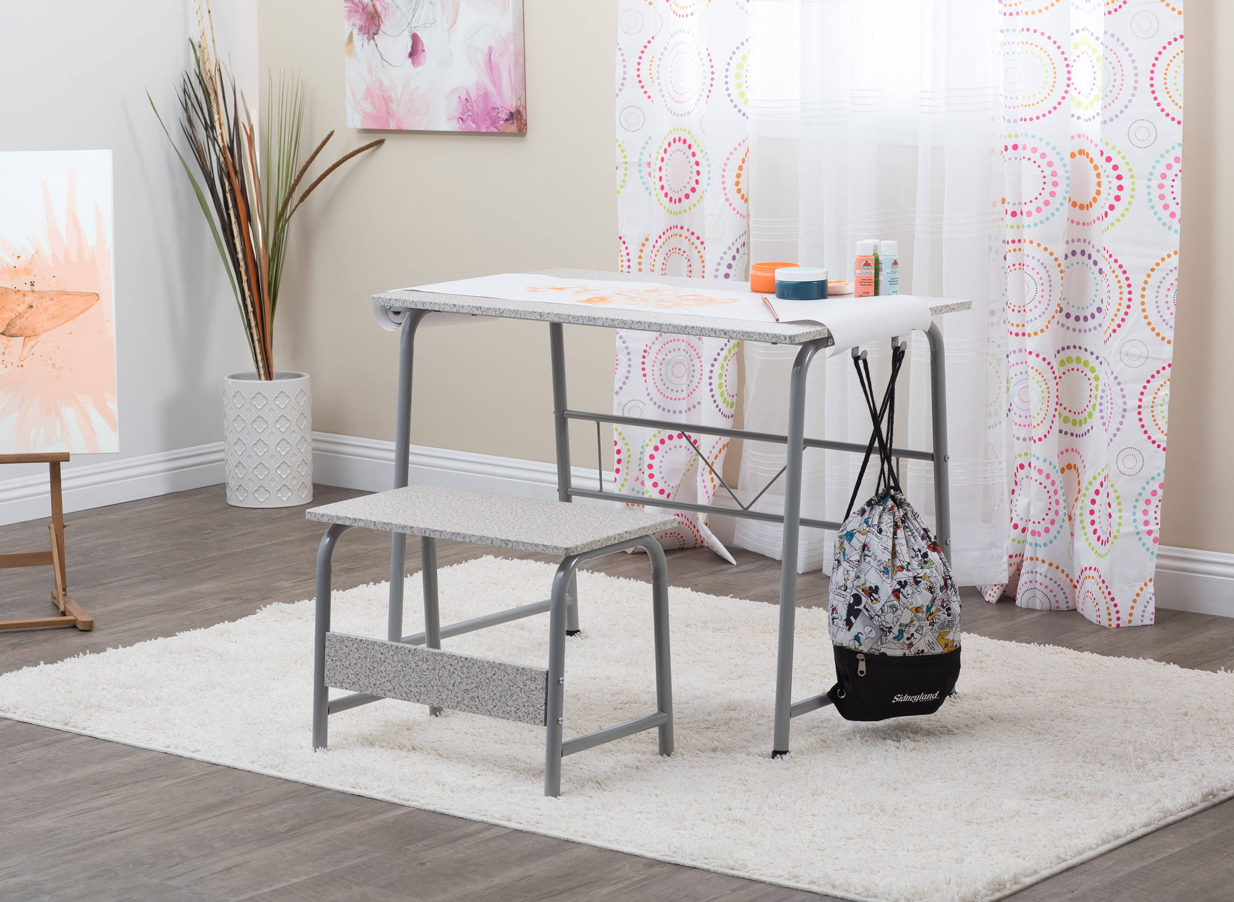 Project Center 2-Piece Metal Art Desk and Bench, Gray