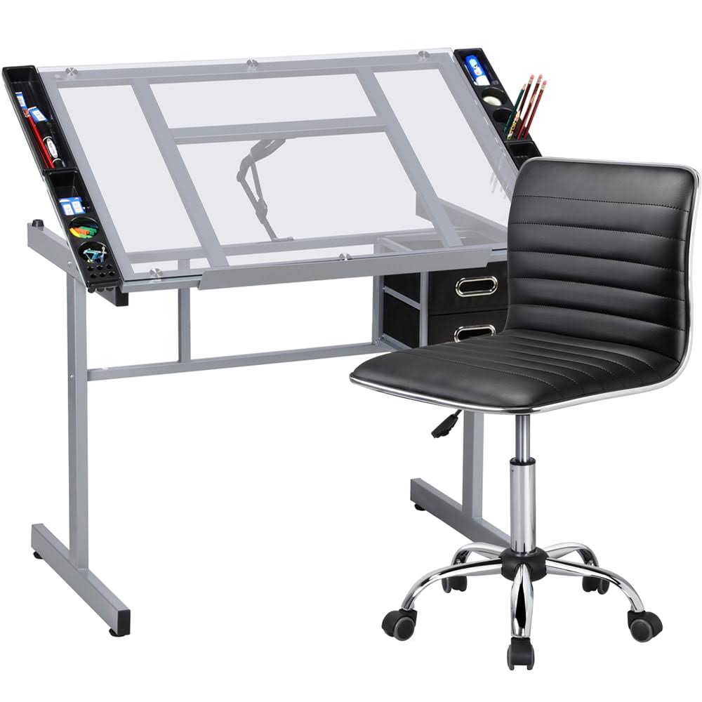 Adjustable Glass Drafting Drawing Table w/Storage Drawers + PU Leather Low Back Armless Chair, Black