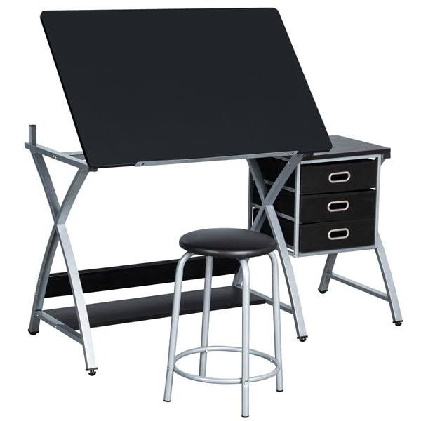 Adjustable Drafting Table Drawing Station Desk Board Storage Drawers Art Design Architect w/Stool