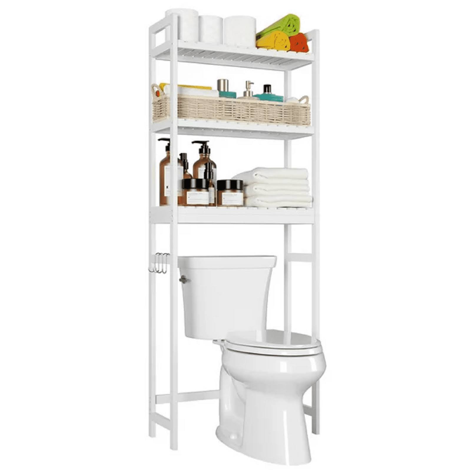 over the Toilet Storage, 3-tier Bathroom Storage Shelf, Bamboo Toilet Storage Rack Organizer Unit, White Color
