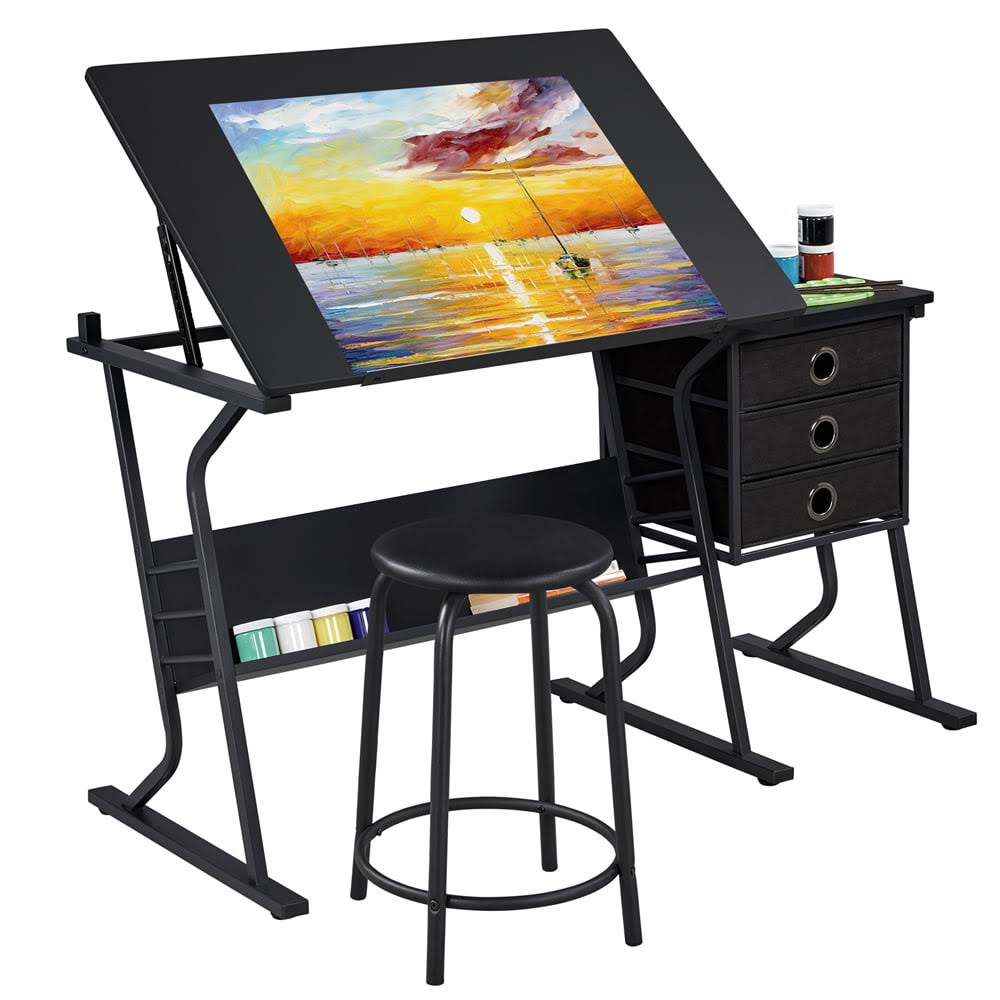 3 Drawers Drafting Table   Stool Set For Artists Tilting Tabletop with Additional Side Countertop, Black