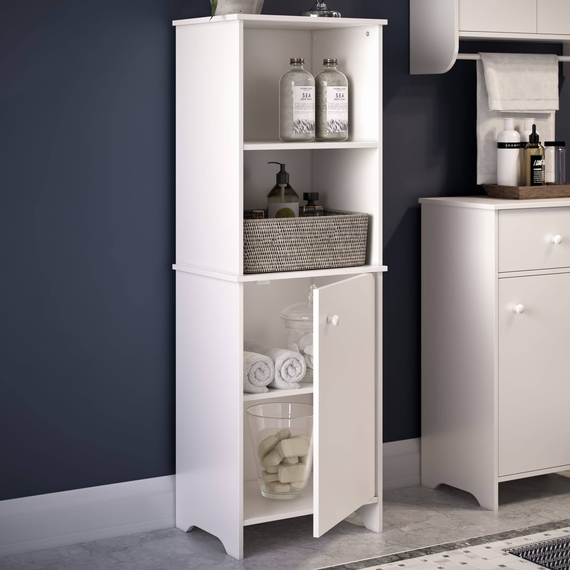 Home Medford Tall Bath Cabinet with 1-Door, 2 Open Shelves and 2 Interior Shelves, White