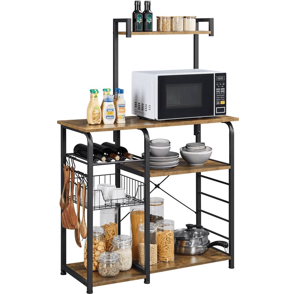 35.5  Kitchen Storage Shelf Baker s Rack with 10 Hooks, Rustic Brown