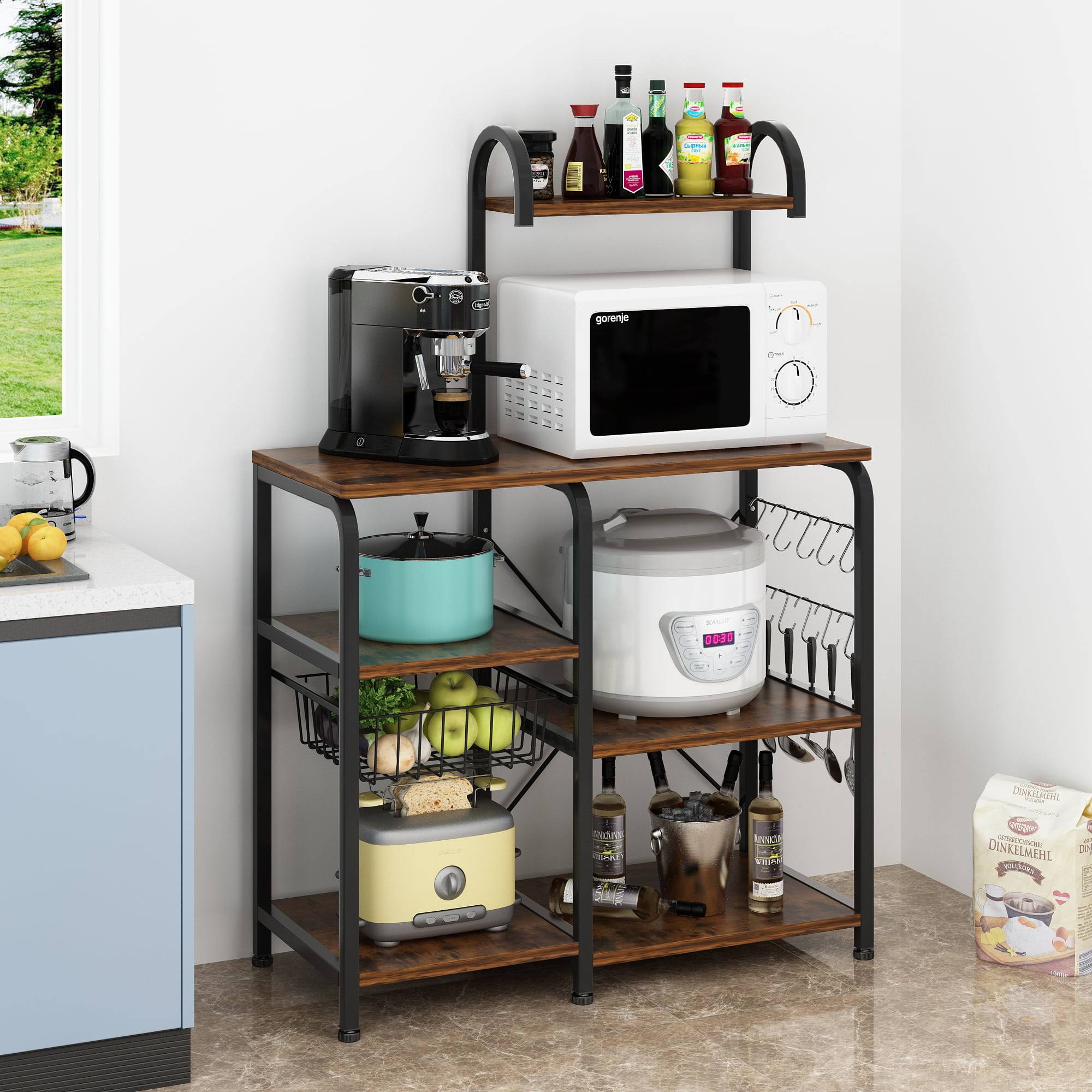 5-Tier Bakers Rack, Kitchen Utility Microwave Oven Stand with Storage Shelves,10 Hooks   Metal Basket, Vintage Brown