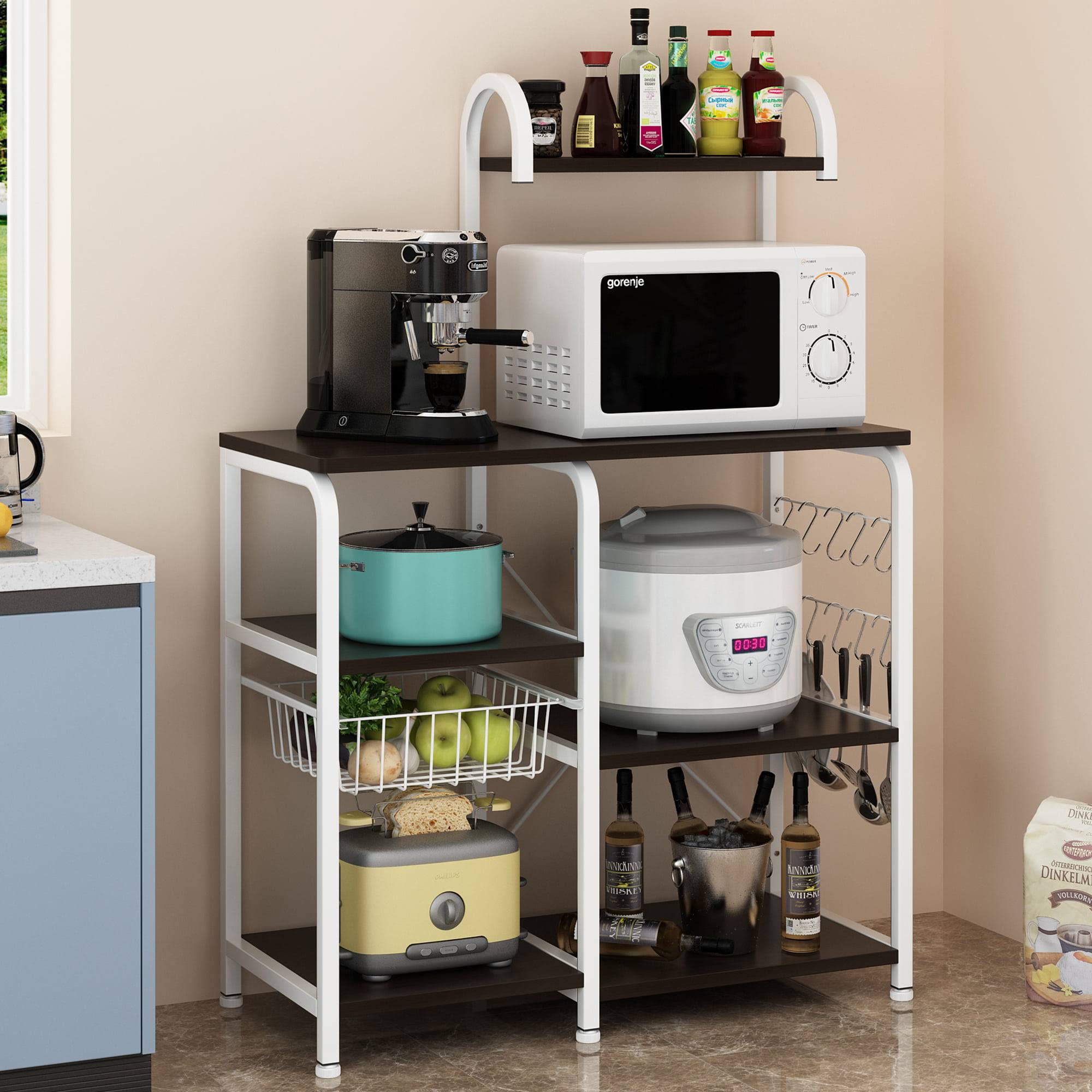 Kitchen Baker s Rack, 5-Tier Microwave Oven Stand, Kitchen Utility Cart Island Coffee Bar with Hutch, Kitchen Storage Shelf Shelving Unit Organizer with Drain Basket, Spice Rack   10 Hooks