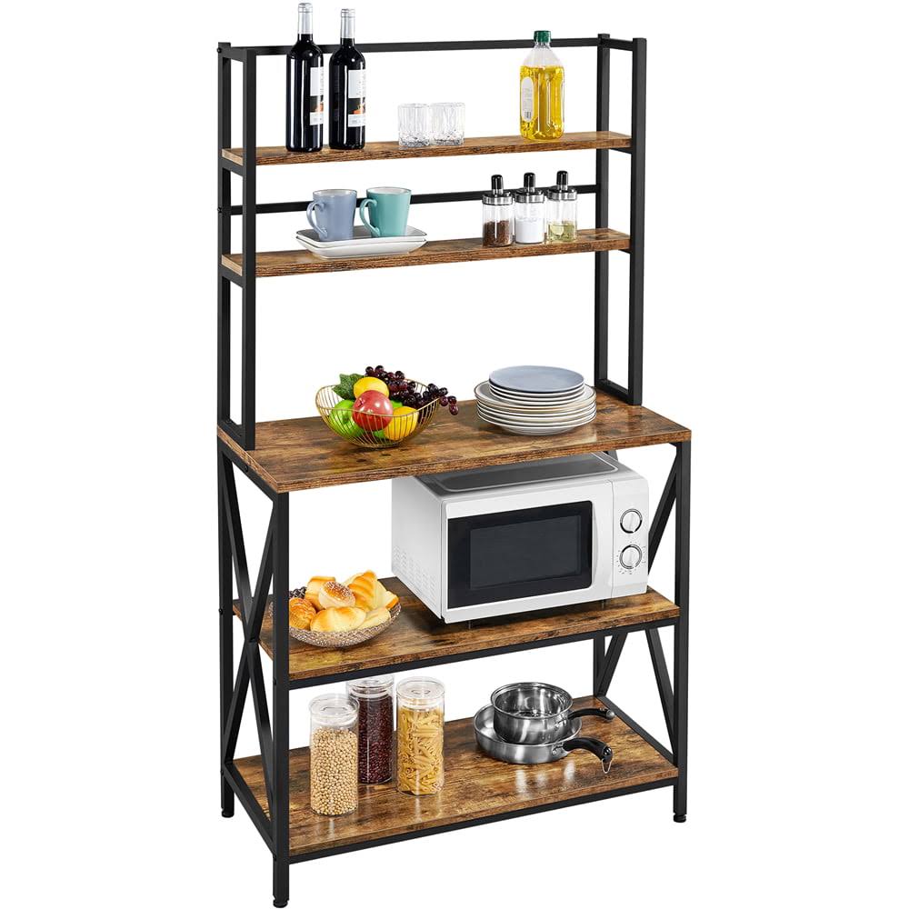 5-Tier Industrial Baker s Rack Storage Shelf with Metal Frame for Kitchen, Rustic Brown
