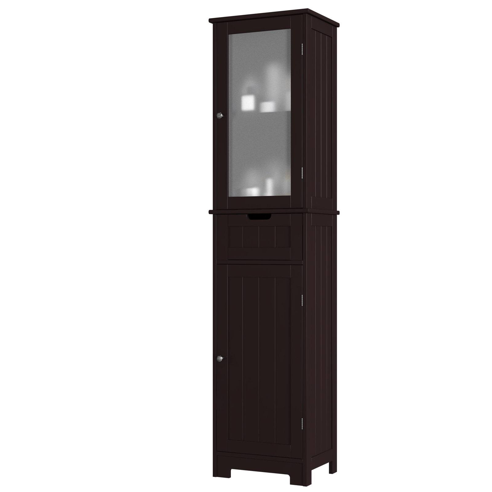 Bathroom Storage Cabinet, Brown Linen Cabinet, Narrow Tall Cabinet Storage Tower with Door and Drawer