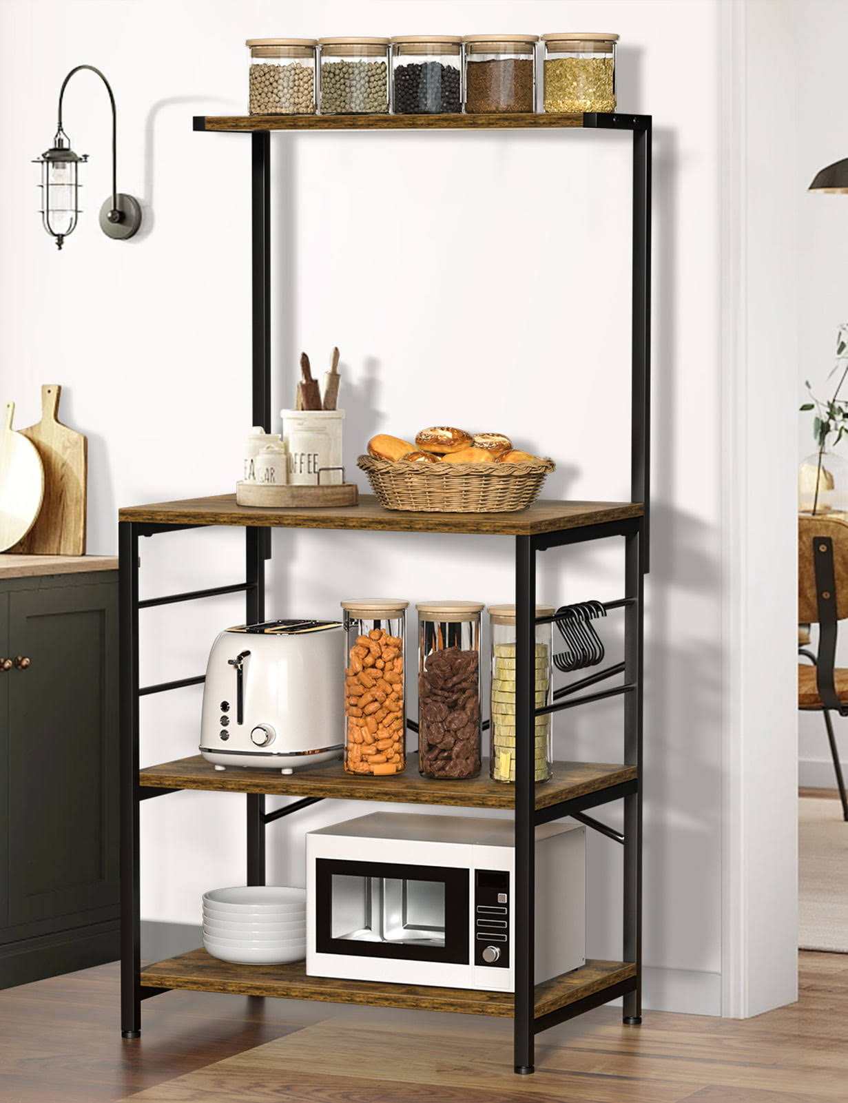 MONVANE Kitchen Baker s Rack Storage Shelf Microwave Cart Oven Stand Coffee Bar with Side Hooks 4 Tier Shelves(Rustic Brown)