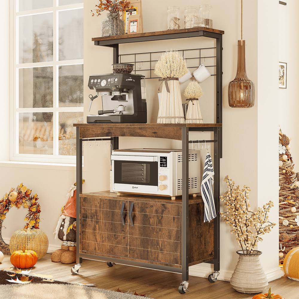 Bestier 3-Tier Kitchen Baker s Rack Microwave Oven Stand with Storage Cabinet Rustic