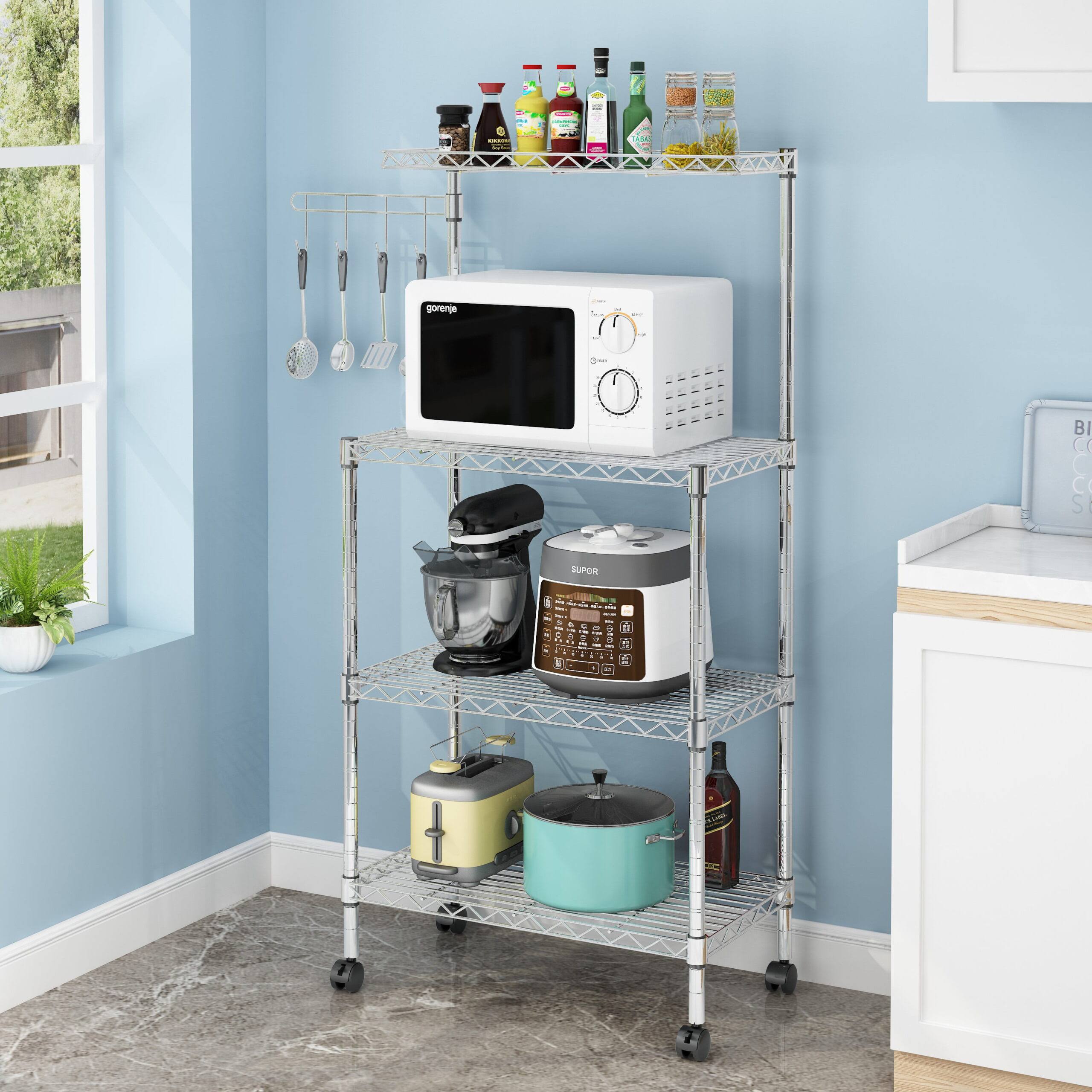Zimtown 4-Tier Bakers Rack Kitchen Utility Cart Storage Rack Microwave Oven Stand with Hanging Hooks Chrome for Dining Room, Home, Silver