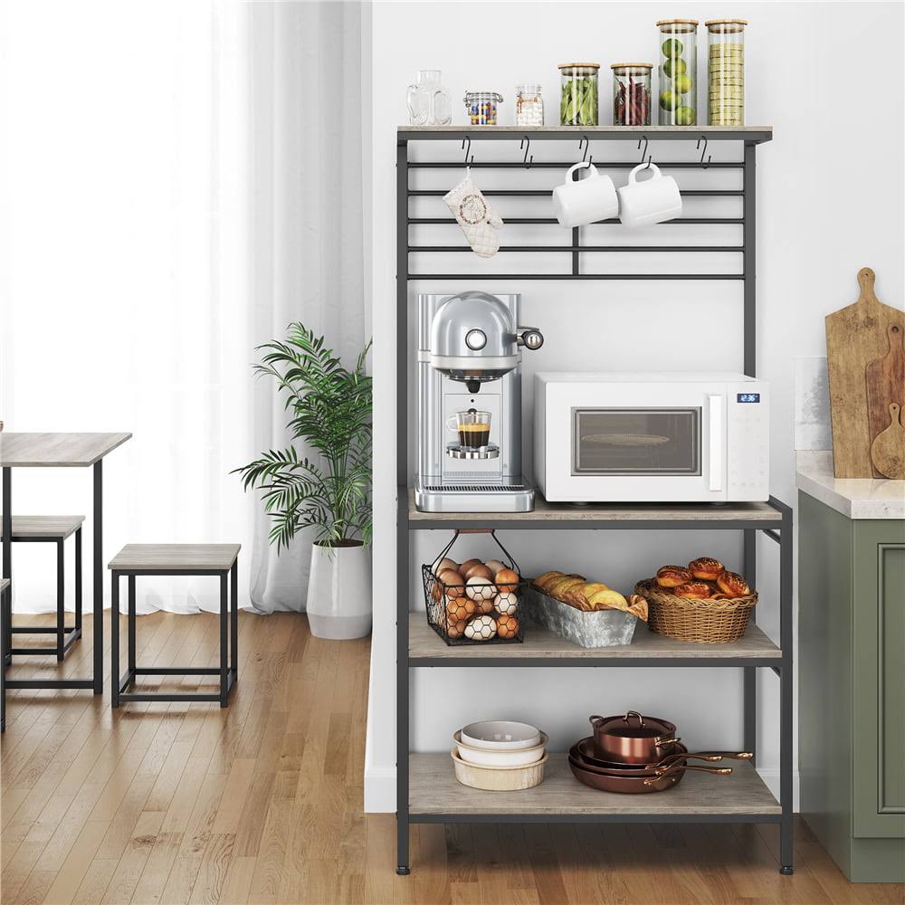 4-Tier Kitchen Baker s Rack with Hooks, Gray