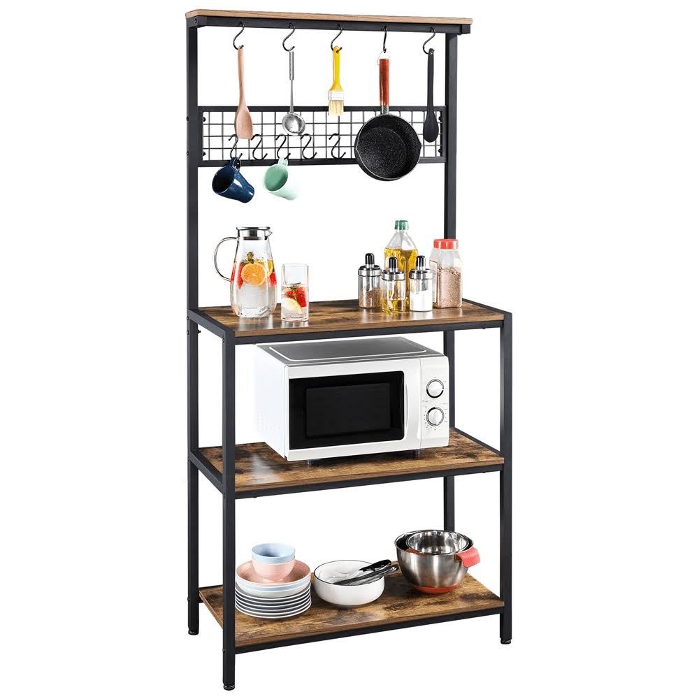 67  Wooden Kitchen Bakers Rack with Storage Shelves   10 Hooks, Rustic Brown