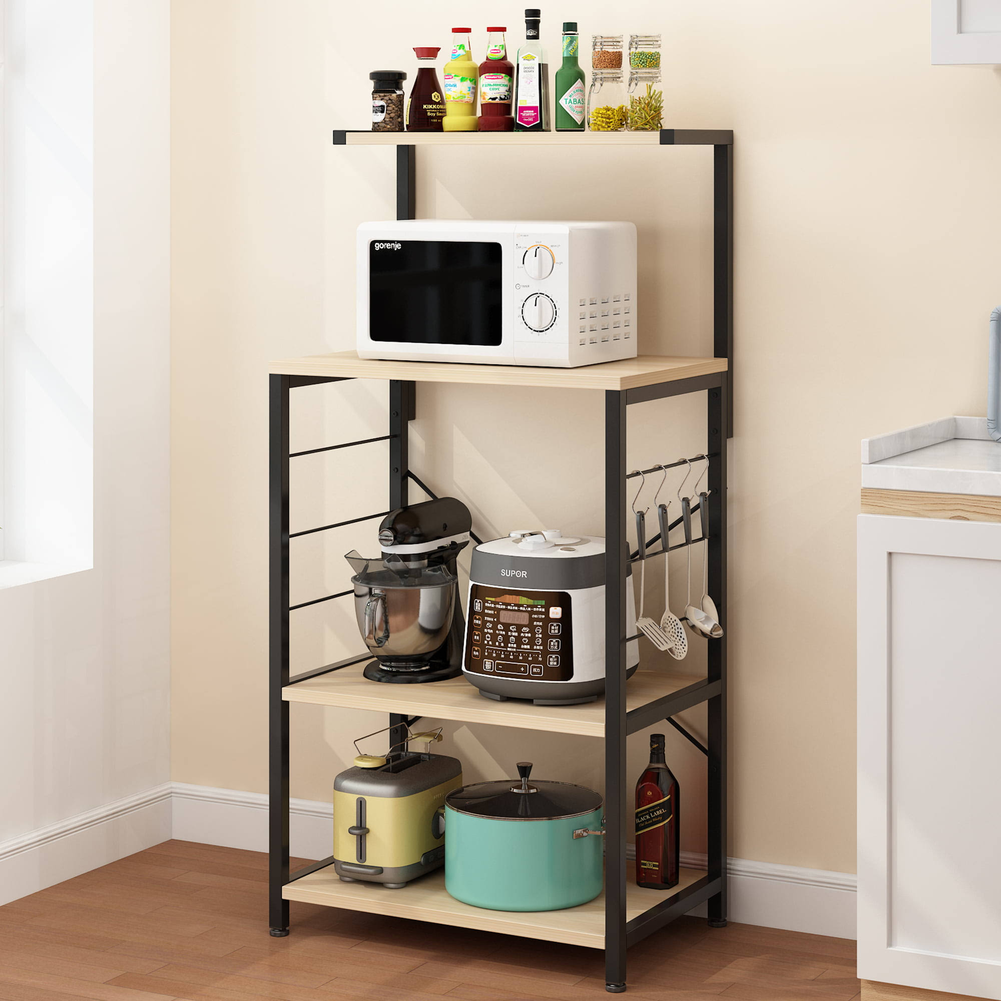 Kitchen Baker s Rack Storage Shelf Microwave Stand Workstation with Side Hooks   4-Tier Wood Shelves