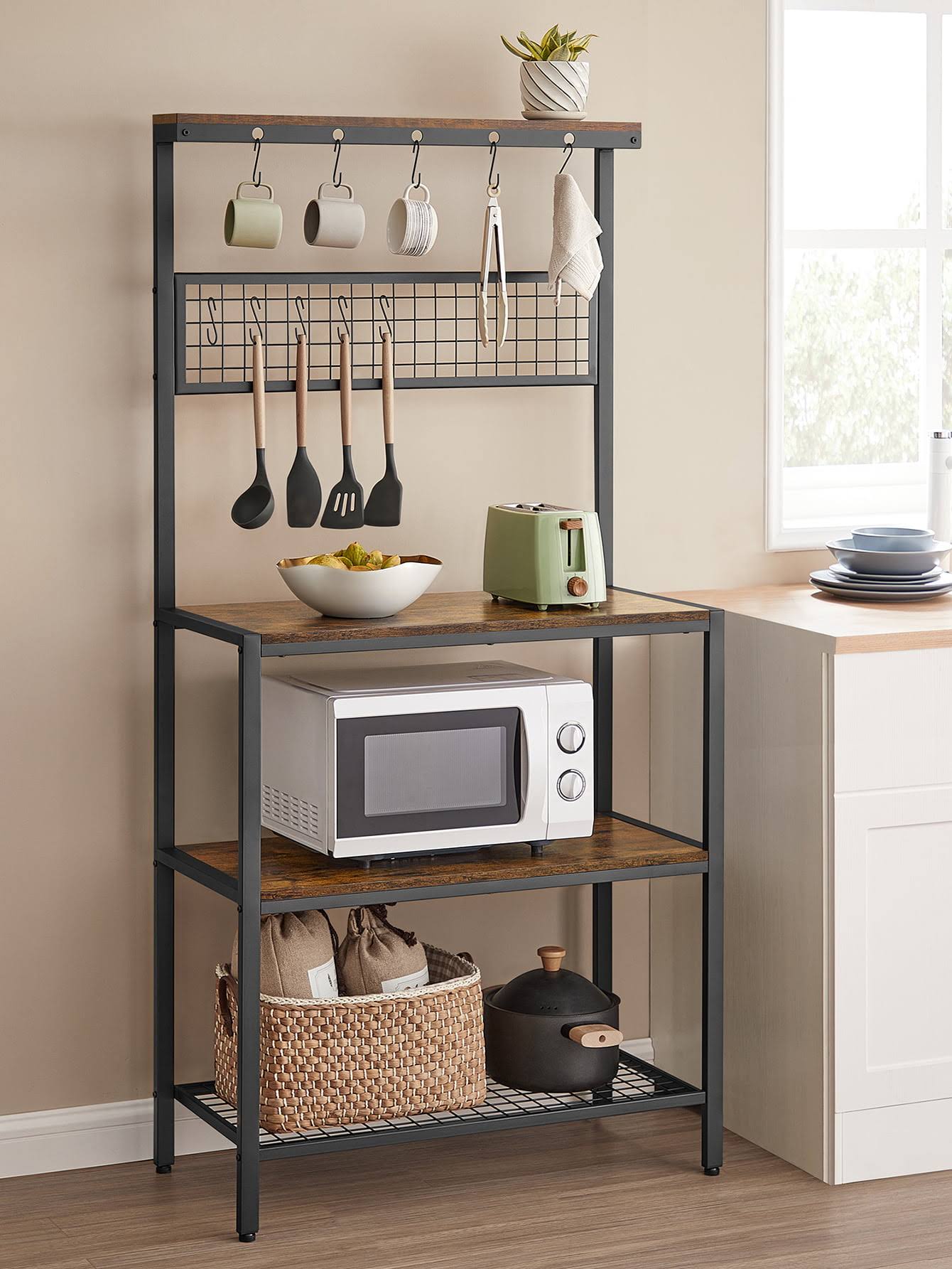 Kitchen Baker s Rack Coffee Bar Storage Shelf Island Rack Microwave Stand with 10 Hooks 3 Shelves Rustic Brown and Black