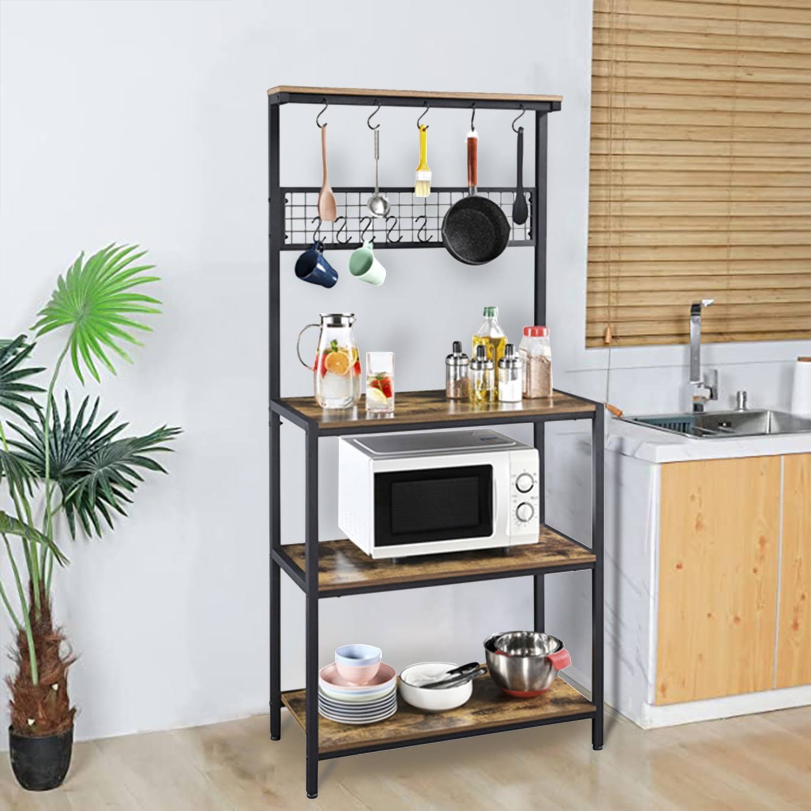 SUGIFT 67  Wooden Kitchen Bakers Rack with 4 Storage Shelves   10 Hooks Rustic Brown