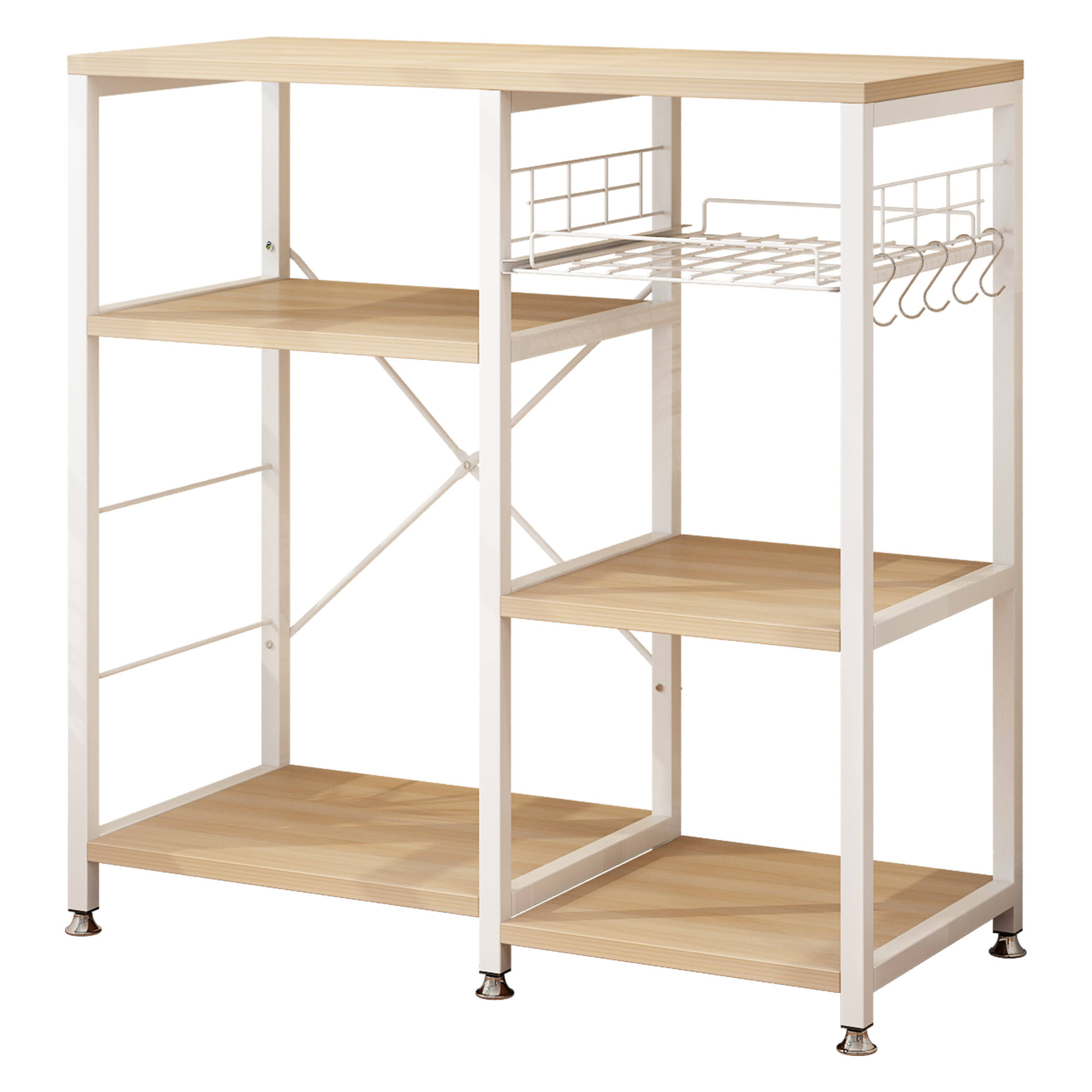 Kitchen Baker s Rack with Metal Basket, Industrial Microwave Oven Stand with Wood Storage Shelves, Freestanding Kitchen Utility Cart Storage Shelf Organizer, White Oak