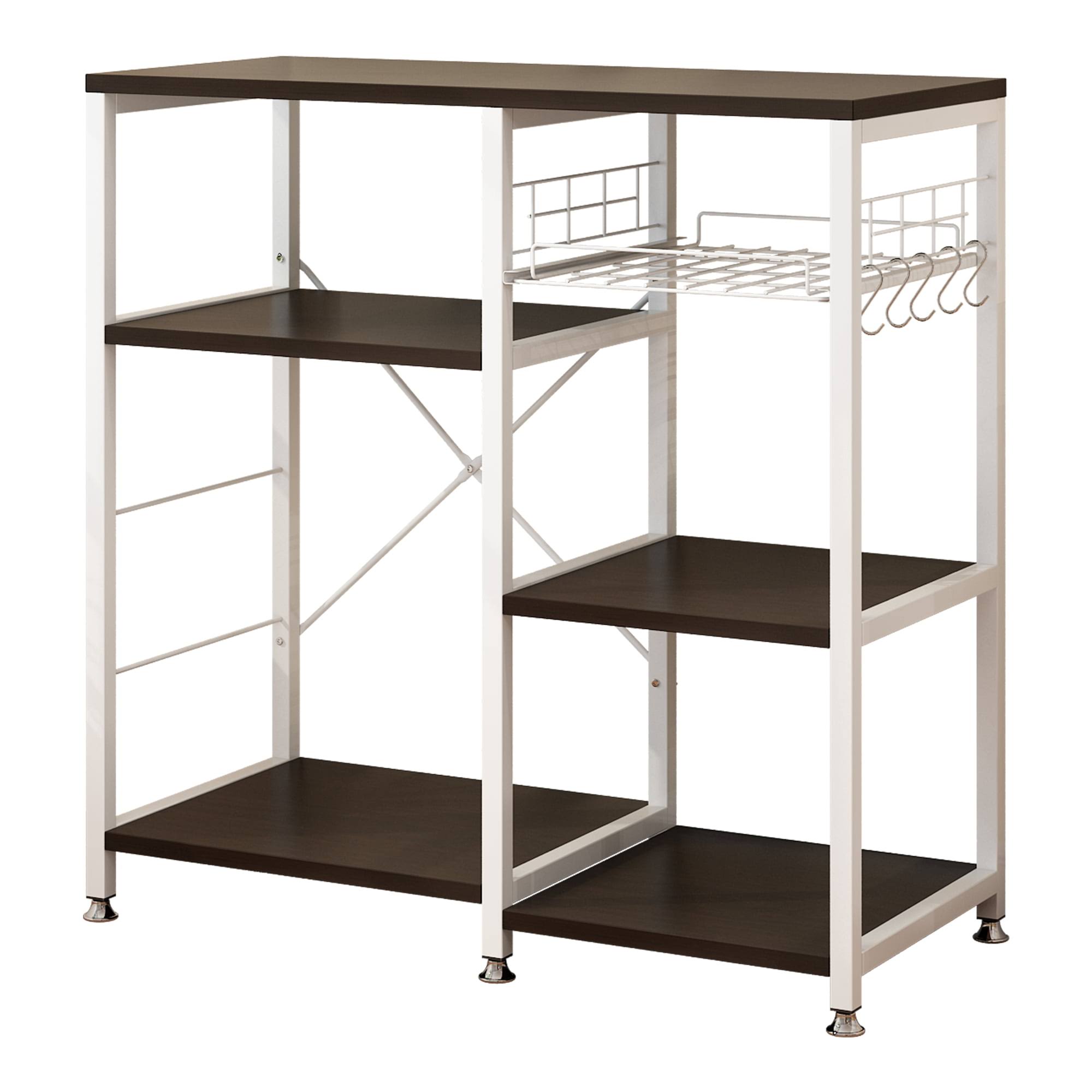 5-Tier Kitchen Baker s Rack Microwave Oven Stand Kitchen Utility Storage Shelf Bar Workstation Organizer with Basket and Hooks, Dark Brown