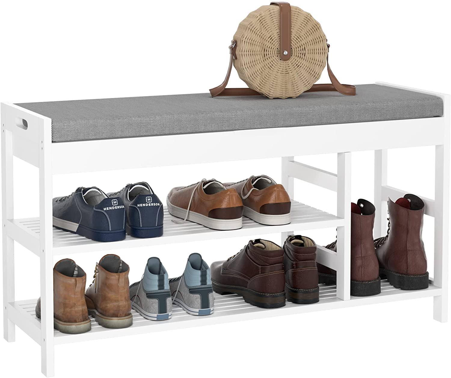 Bamboo Shoe Bench Rack with Storage, Entryway Storage Bench with Padded Seat, Shoe Oiganizer Shelf for Entryway Mudroom Bathroom, White