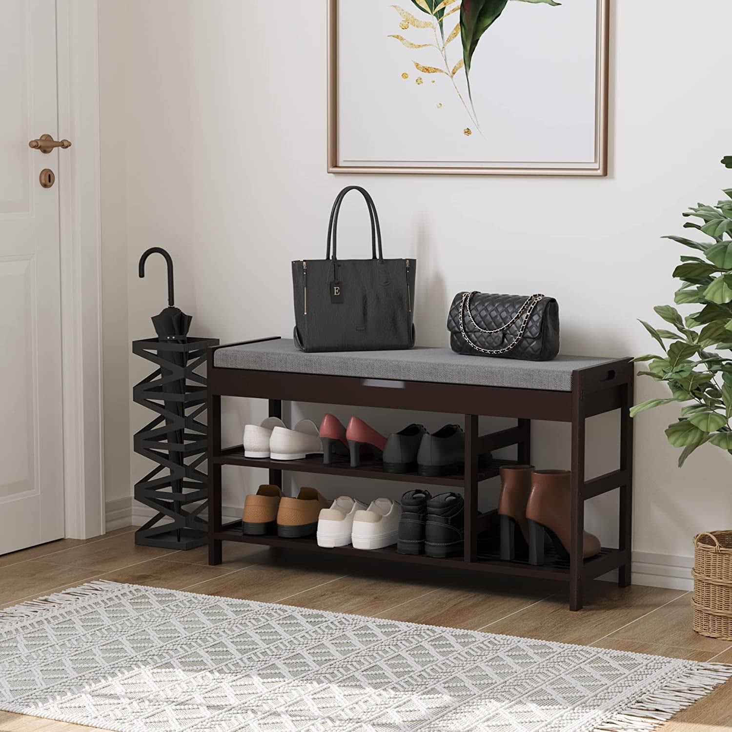 2-Tiers Shoe Bench Rack with Padded Seat, Up to 7 Shoes Storage for Entryway, Bamboo Finish (Vintage)