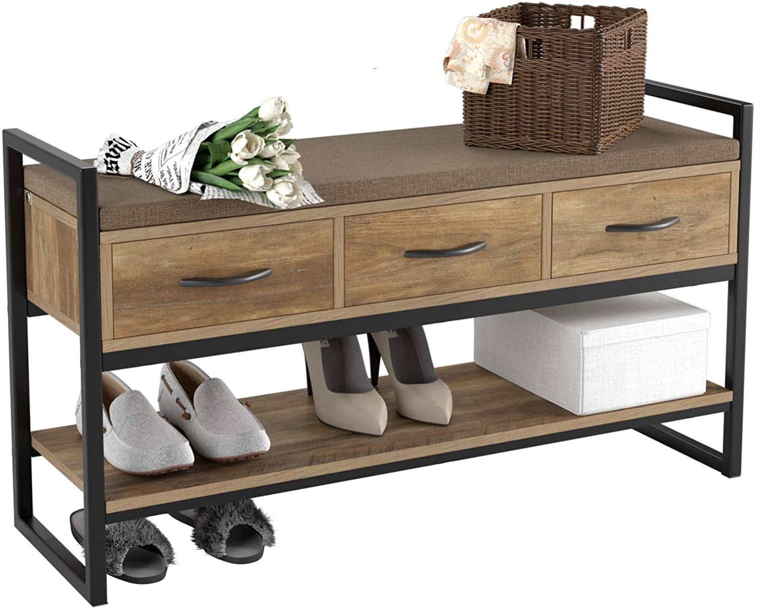 Entryway Shoe Bench, 2-tier Wood Entryway Shoes Rack with Padded Seat, 5-7 Pair of Shoes, Rustic Brown