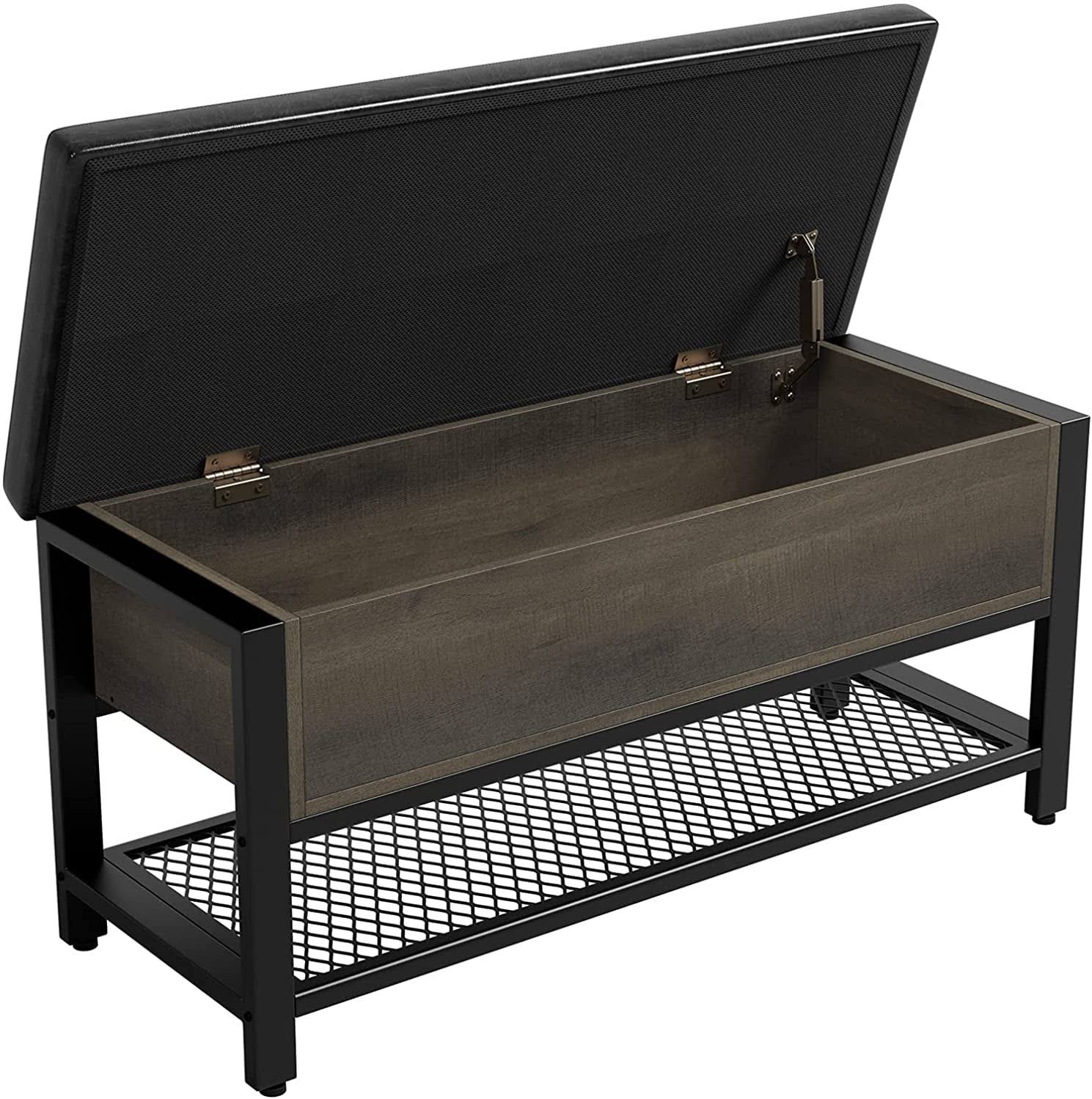 Industrial Storage Bench, Flip Top Long Shoe Bench, Bed End Stool with Leather Padded Seat and Steel Shelf, for Hallway, Foyer, Living Room, Bedroom, Dark Brown and Black Finish