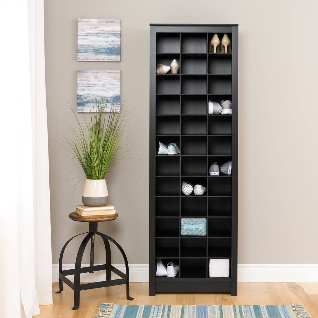 Space-Saving 36 Pair Shoe Storage Cabinet With Cubbies, Black
