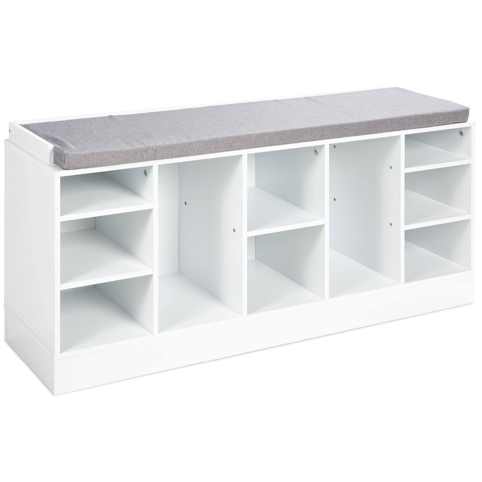 Products 46in Shoe Storage Organization Rack Bench for Entryway, Bedroom w/ Padded Seat, 10 Cubbies   White