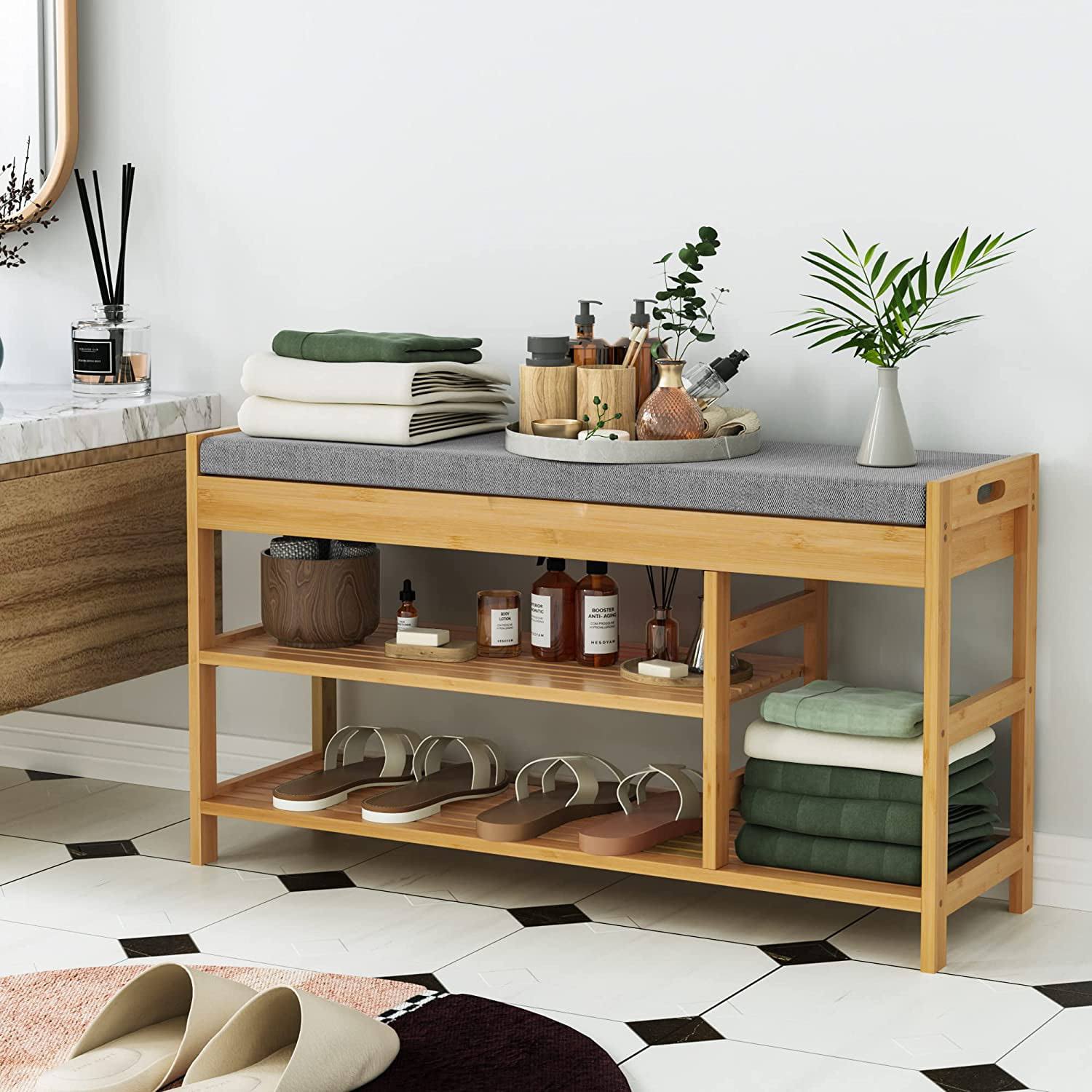 Entryway Shoe Bench, 2-Tier Bamboo Finish Shoe Storage with Padded Seat (up to 7 shoes)