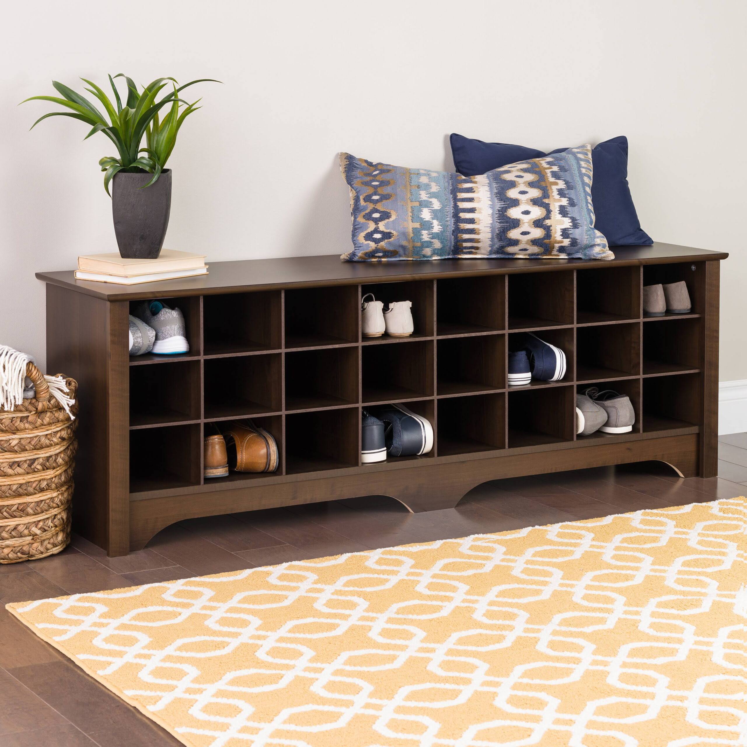 Entryway Shoe Storage Cubby Bench, Espresso 24 Pair