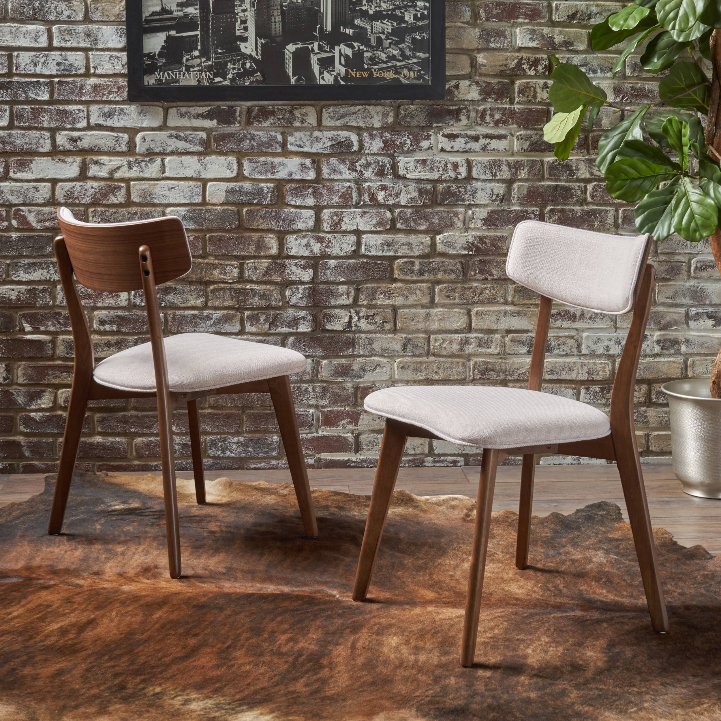 Sadie Indoor Mid-Century Fabric Dining Chairs, Set of 2, Beige, Walnut