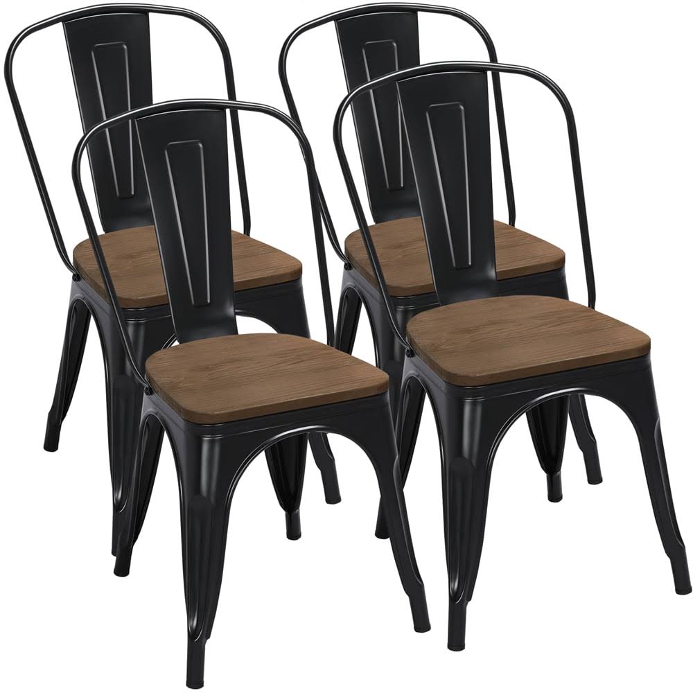 Metal Stackable Dining Chairs with Wooden Seat, Set of 4, Black