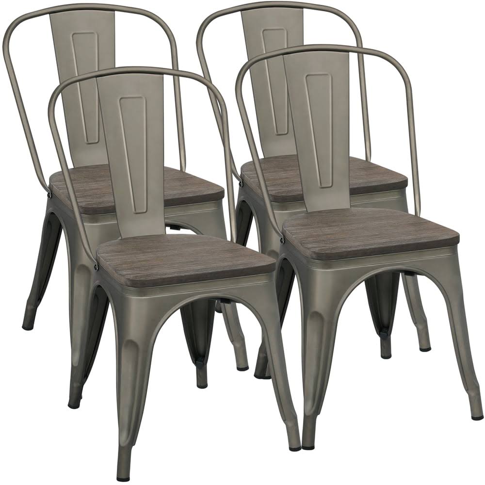 Metal Stackable Dining Chairs with Wooden Seat, Set of 4, Gunmetal Gray